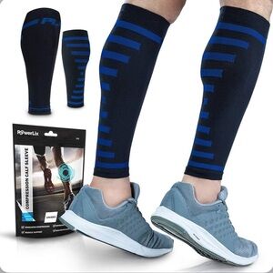 POWERLIX Unisex Pair Compression Calf Sleeves Black/Blue Striped Size S/M